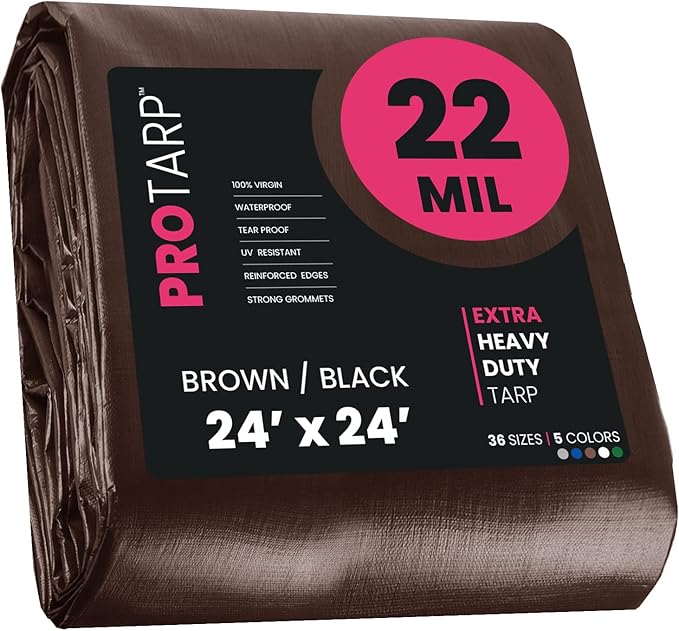 PROTARP Extreme Heavy Duty 22 Mil Tarp Cover, Waterproof, UV Resistant, Rip and Tear Proof, Poly Tarpaulin with Reinforced Edges for Roof, Camping, Patio, Pool, Boat. (Brown/Black 24′ X 24′)