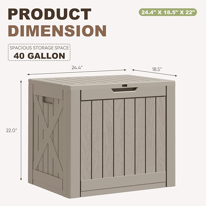 Greesum 40 Gallon Outdoor Deck Box, Resin Storage for Patio Furniture, Garden Tools, Pool Supplies, Weatherproof and UV Resistant, Lockable, Light Coffee