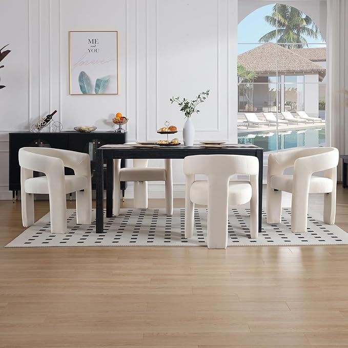White Chenille Dining Chairs Set of 2, Modern Barrel Dining Room Chairs Upholstered Accent Chair with Arms and Round Back for Living Room Kitchen Armchair No Assembly Needed