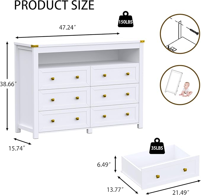 Dresser for Bedroom with 6 Drawers, Wide Chest of Drawers with LED Light and Power Outlet, Wooden Closet Organizer Clothes Storage Cabinet, Modern Double Dressers for Living Room, Hallway, White