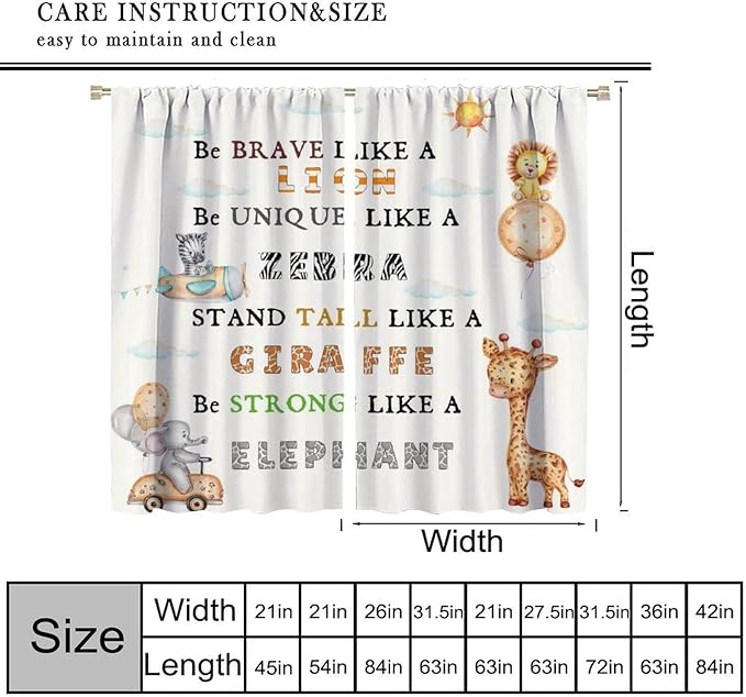 Cartoon Animals Curtains, Cute Jungle Animal Zebra Elephant Lion Giraffe Blackout Window Treatments, Rod Pocket Thermal Insulated Drapes 2 Panel Sets for Kids Bedroom Nursery Classroom, 63"W X 63"L