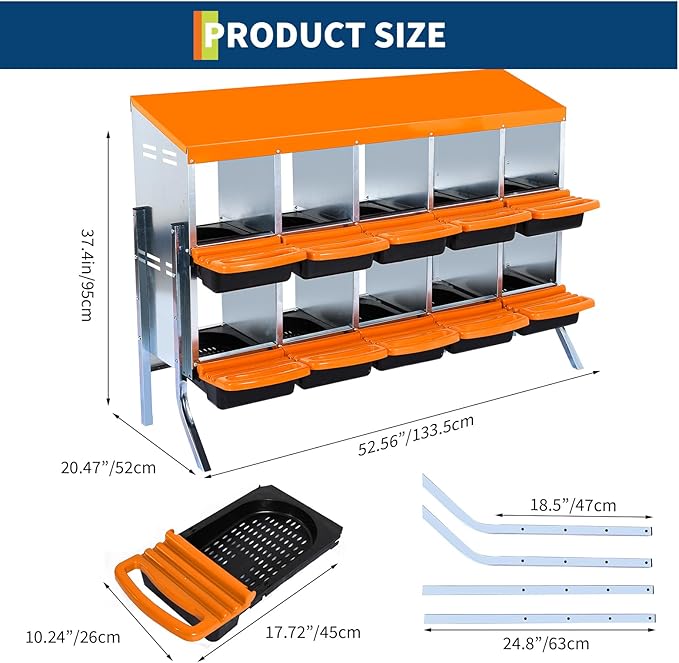 10-Hole Chicken Nesting Box, Roll Away Nest with Removable Tray, Rustproof Galvanized Steel, Easy Egg Collection & Cleaning, Wall-Mount Design - Orange