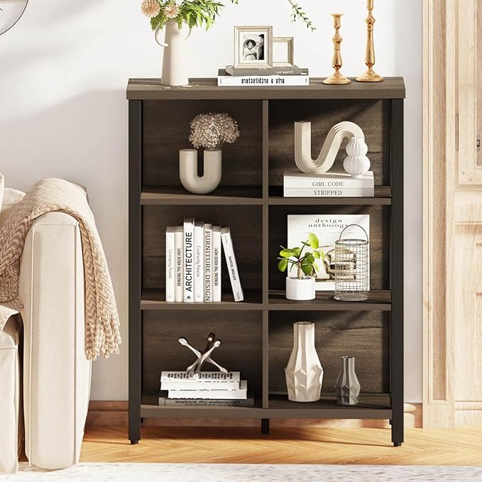 FATORRI 6 Cube Storage Organizer Shelf, Rustic Wood and Metal Cubby Bookcase, Industrial 4 Tier Cube Bookshelf (Walnut Brown)