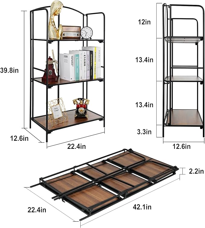 Crofy No Assembly Folding Bookshelf for Living Room, 3 Tier Black Collapsible Book Shelf for Home Office, Portable Bookcase Storage Organizer