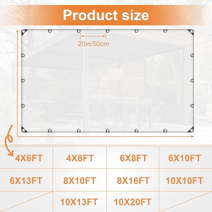 8’ x 16’ Clear Tarp, Clear Vinyl Tarp with Grommets, Heavy Duty Waterproof Transparent Plastic Tarpaulin Cover for Patio, Porch, Window, Outdoor Curtain, Chicken Coop, and Greenhouse