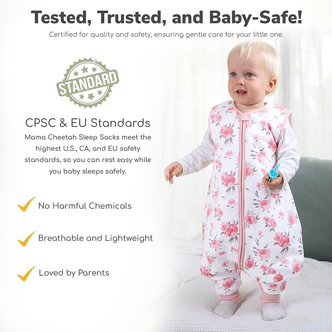 Mama Cheetah Toddler Sleep Sack with Feet 2T, 0.5 TOG Organic Cotton Baby Wearable Blankets with Legs, Baby Sleeping Bag for Walkers, Early Walker Medium