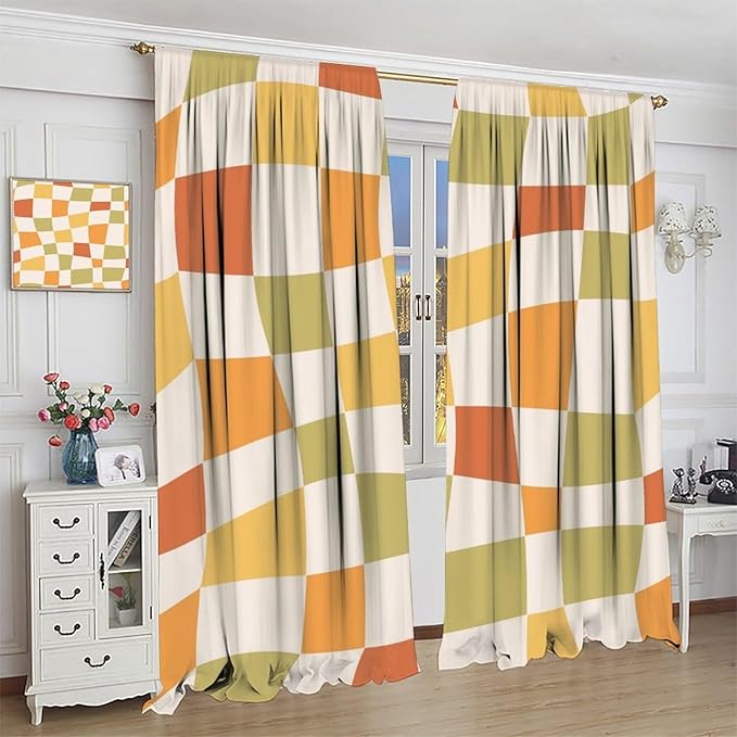 Orange Checkered Curtains,70s Vintage Twisted Checkered Window Drapes Colorful Groovy Trendy Wavy Hippie Grid Print Window Treatments for Kids Girls Bedroom Living Room Bathroom 63"W X 72"L