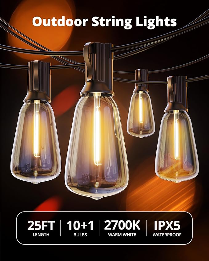 VIPAR Outdoor String Lights 25FT LED Patio Lights IPX5 Waterproof
