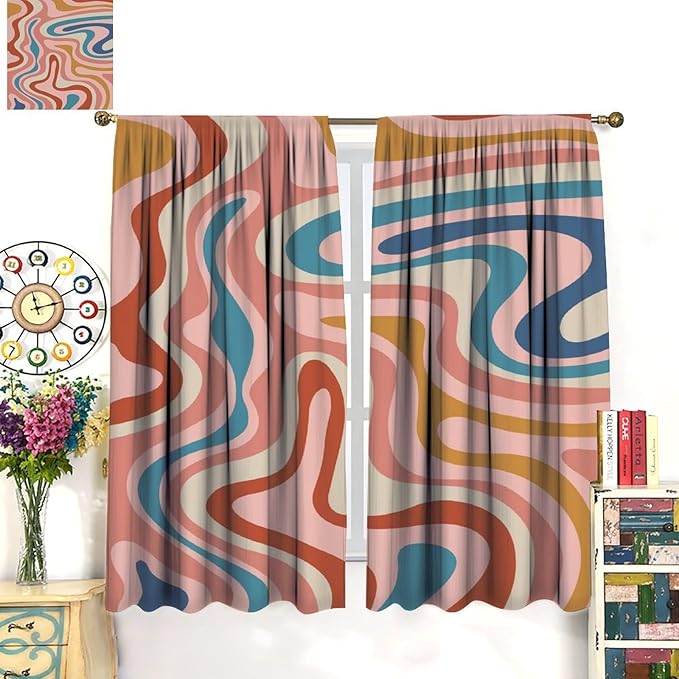 70S Abstract Wavy Swirl Curtain for Bedroom Windows,Retro Boho Minimal Teen Girls Kids Living Room Restroom Window Treatments Drapes 84" W X 84" L