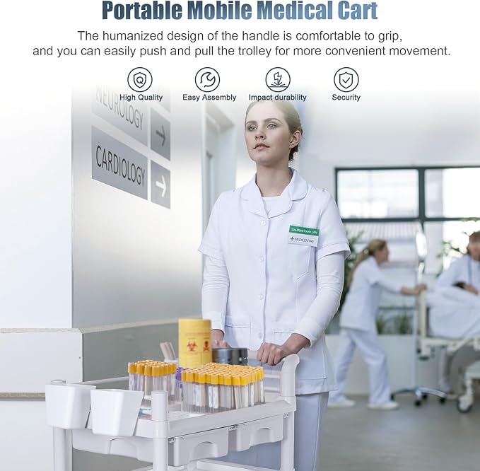 Mobile Medical Carts 3 Tier Professional Utility Cart 330 LBS Max Load Rolling Crash Cart Ultrasound Trolley with Wheels Drawers Dirt Bucket Sharps Box Storage Basket for Hospital Dental Clinic Home