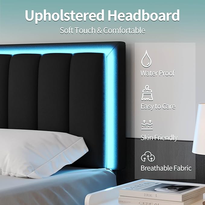 Queen Bed Frame with LED Lights, Upholstered Bed Frame Queen Size with Headboard