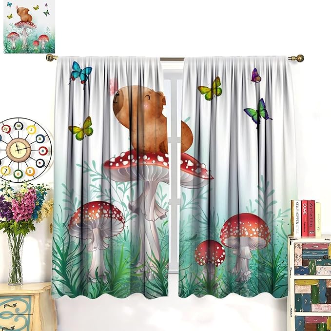 Cartoon Animals Curtains, Cute Butterfly Capybara Blackout Window Treatments, Rod Pocket Thermal Insulated Drapes 2 Panel Sets for Kids Bedroom Nursery Classroom, 63" W X 72" L