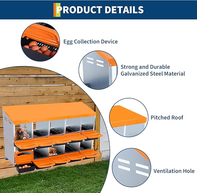 Garvee Chicken Nesting Box, 10-Hole Roll Away Egg Laying Box with Lid, Heavy-Duty Galvanized Steel Rustproof Design - Easy Egg Collection, Easy Clean (Wall-Mountable Without Bracket, Orange)