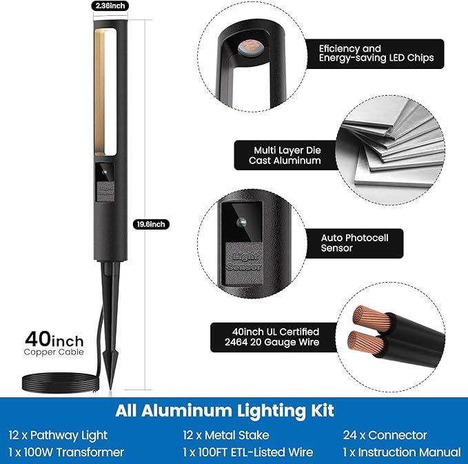 Low Voltage LED Landscape Lights Kit, 5W Auto Sensor Pathway Lights, Outdoor