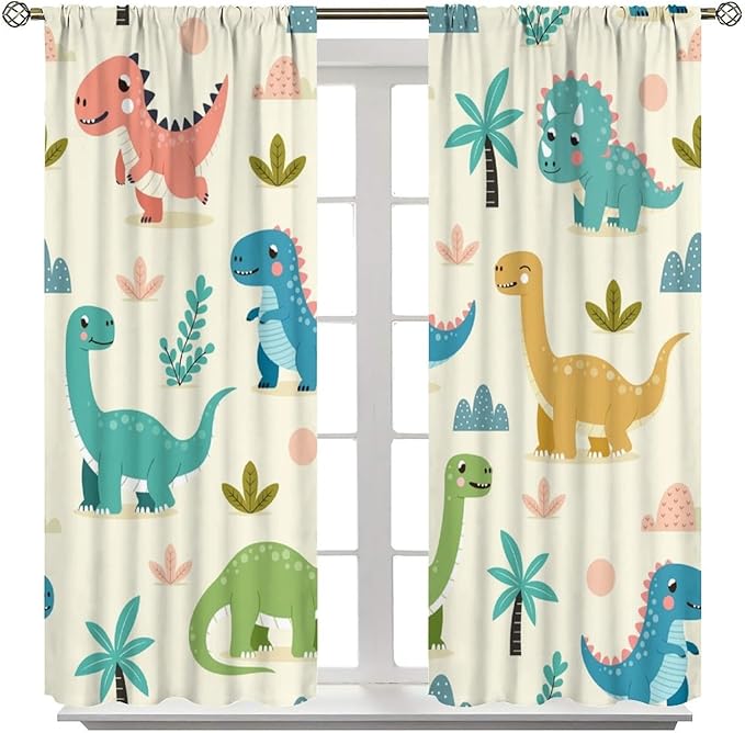 Fun Dino Curtains, Cute Colorful Dinosaur Pattern Blackout Window Treatments, Rod Pocket Thermal Insulated Drapes 2 Panel Sets for Children Boys Bedroom Nursery Classroom, 72" W X 63" L