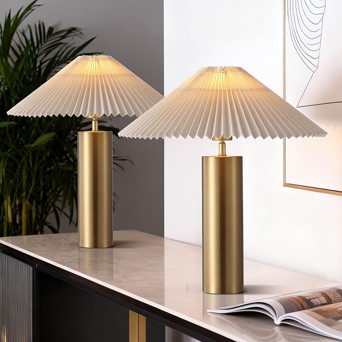 Modern Table Lamp with Metal Blade Lampshade and Cylindrical Base, E26 Bulb