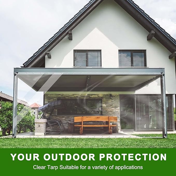 Clear Tarp, 8x16ft Clear Tarps Heavy Duty Waterproof,14Mil Thickened Transparent Tear Resistant Waterproof PVC Vinyl Tarpaulin Enclosurewith Grommets and Reinforced Edges for Patio,Porch and Outdoor