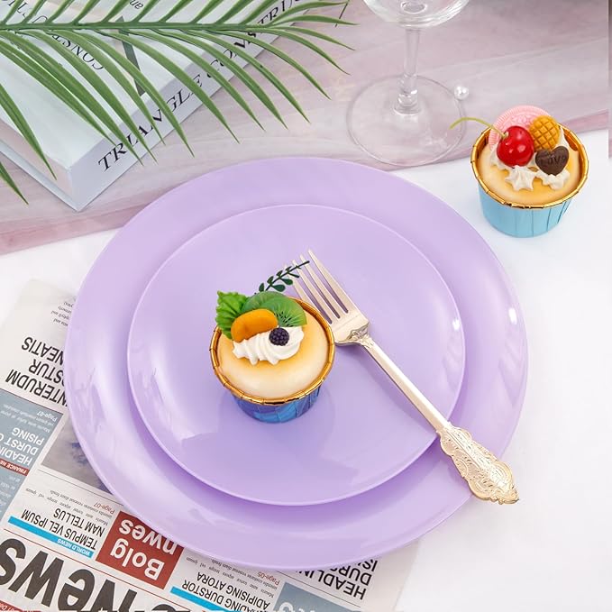 KIRE 60PCS Purple Plastic Plates Disposable - Heavy Duty Purple Plates Include 30Pcs 10.25” Dinner and 30Pcs 7.5” for Dessert/Salad - for Wedding/Bridal Shower