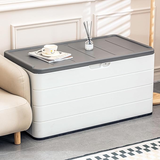 100 Gallon Plus Resin Deck Box, Waterproof Outdoor Storage Bin for Patio Furniture, Pool Accessories, and Garden Tools, Lockable & UV-Resistant, White