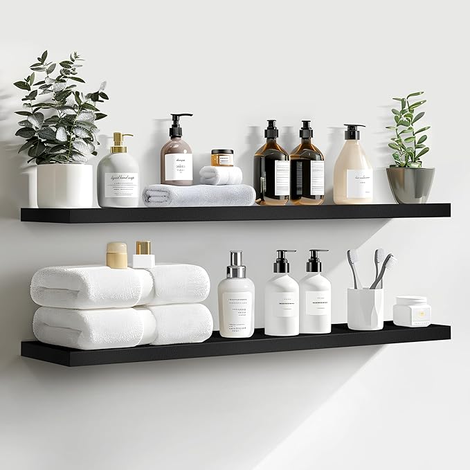 LaVie Home Floating Shelves, 36 Inch Wall Shelf Set of 2, Hanging Shelf with Invisible Brackets, Wall Decor for Bathroom, Bedroom, Living Room, Kitchen Storage, Classic Black
