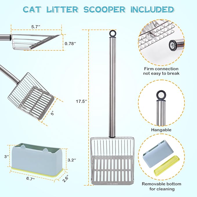 Metal Cat Litter Scoop with Holder Stainless Steel Kitten Poop Scooper, 17.5" Heavy Duty Pet Poop Sifter for Cat Box, Long Handle Large Waste Shovel, Fast Sifting Big Clumps, Solid & Durable