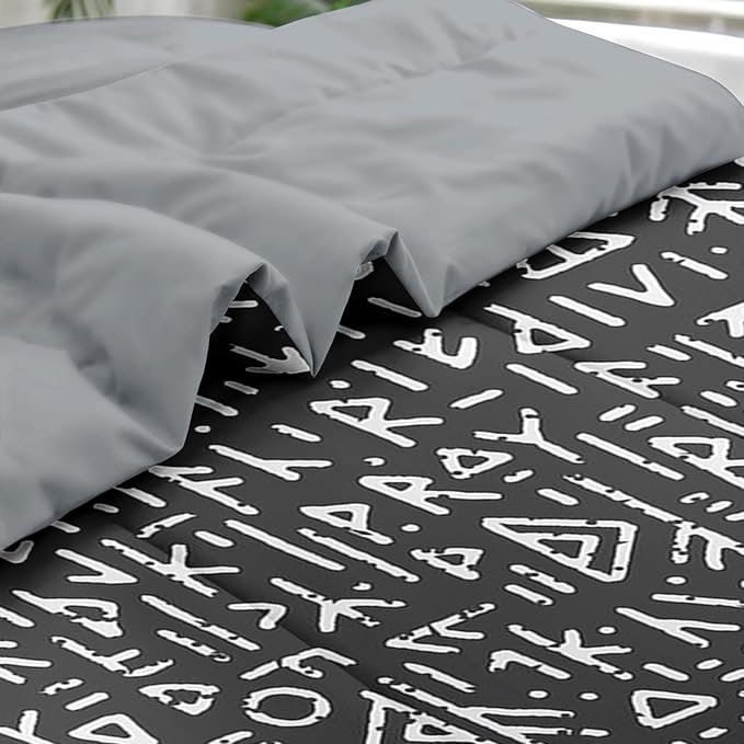 Comforter Set Queen Size, Gothic Viking Black 7 Pcs Bedding for Kids and Adults, Geometric Medieval Norse Bed Sheet Sets with Fitted Sheet 2 Pillowcases & 2 Shams for Bedroom Bed Decor