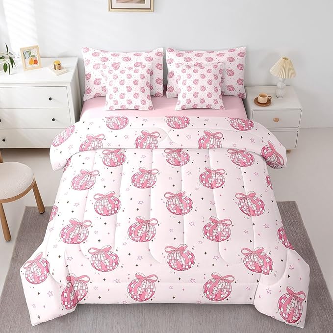 7 Pieces Bowknot Princess Kid Comforter Set Full,Disco Crystal Ball Western Cowgirl Bedding Set,Star Bow Tie Sweet Romantic Pink Dreamy（Comforter+Fitted+Flat Sheet+2 Pillowcases+2 Throw Pillow Covers）
