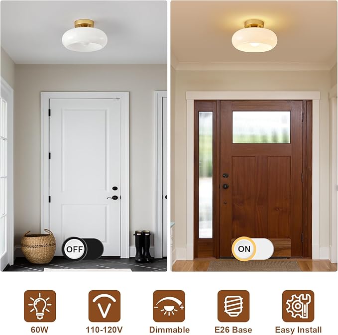 Mid-Century Modern Gold Semi Flush Mount Ceiling Light, Kitchen Ceiling Light