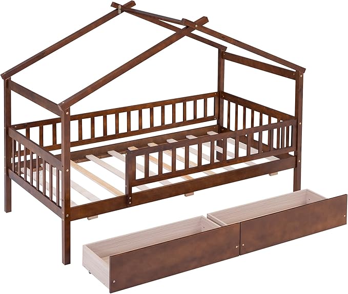 Twin House Bed with 2 Storage Drawers, Kids Twin Bed Frame with Rails and Roof, Tent Bed, Wooden Twin Daybed, Twin Montessori Bed for Kids Teens Girls & Boys, No Box Spring Needed (Walnut)