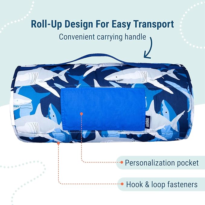 Wildkin Kids Original Nap Mat – Cozy Kids Sleep Mat with Pillow, Ideal for School & Travel - Sharks