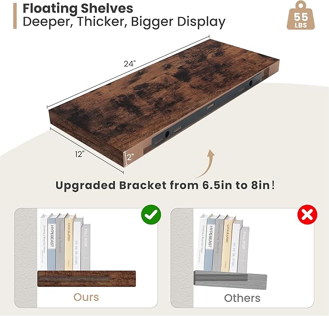 Heimlove 24 x 12 Inch Deep Floating Shelves Wall Mounted with Invisible Brackets,Storage Hanging Shelf for Wall Decor in Bathroom, Bedroom, Kitchen, Living Room, Office Set of 2 (Rustic Brown)