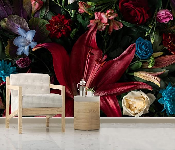 Large Dark Floral Wallpaper Colorful Spring Flowers Background Wall Mural (Not Peel and Stick)