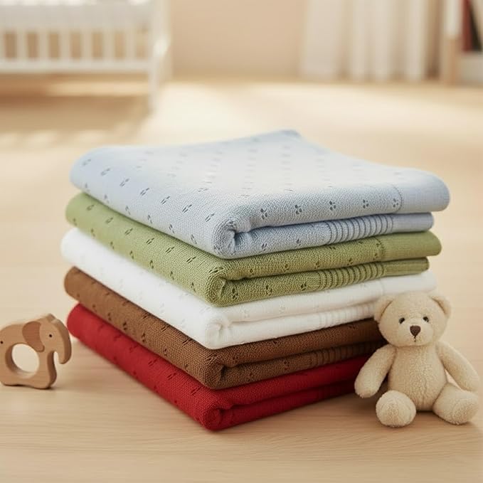 Baby Knit Blanket, 100% Cotton Eyelet Patterns, Soft, Cozy, Lightweight Swaddle for Newborn & Infant Swaddling Beige Neutral, Perfect Baby Shower Ideas White 30x30