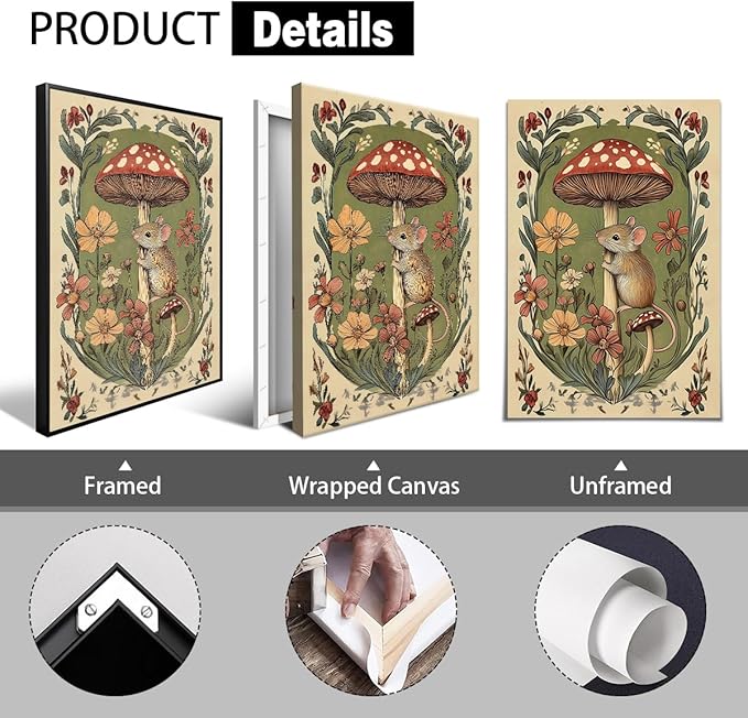 Nursery Animal Canvas Wall Art, Mouse and Toadstool Poster, Rustic Mushroom Mouse Painting, Cozy Folk Art Prints, Countryside Botanical Floral Painting for Kids Room 24x36in Framed
