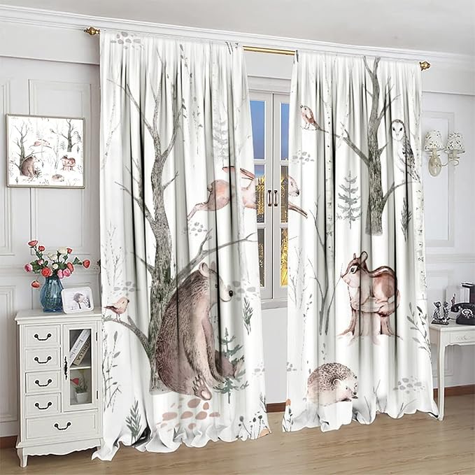 Watercolor Woodland Animal Curtains, Wildlife Bear Farmhouse Lodge Cabin Squirrel Owl Hedgehog Fox Blackout Rod Pocket Windows Door Curtain for Bedroom Living Room Home Decor 55x63in