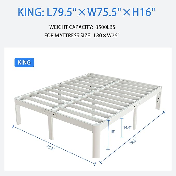 White King Size Bed Frame 16 Inch, Metal Camas King Bed Frame No Box Spring Needed, Heavy Duty Steel Support 3500 LBS, DIY Headboard, Noiseless, Round Corner Legs, Storage Space, Easy Assembly
