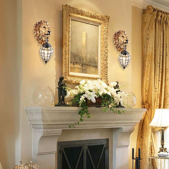 Lion Head Wall Decor Sconces Wall Lighting Retro Baroque Crystal Sconce Gold
