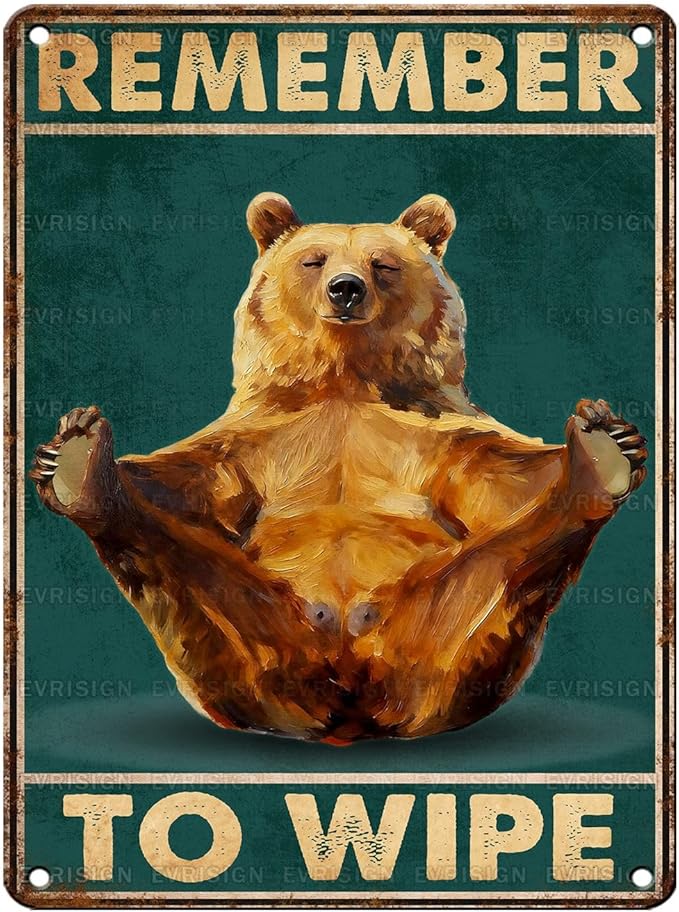 Vintage Bear Tin Sign Remember To Wipe Retro Bathroom Metal Sign Nostalgic Wall Decor Decorations for Home Toilet Cafe Kitchen Bar Man cave 16 * 12In