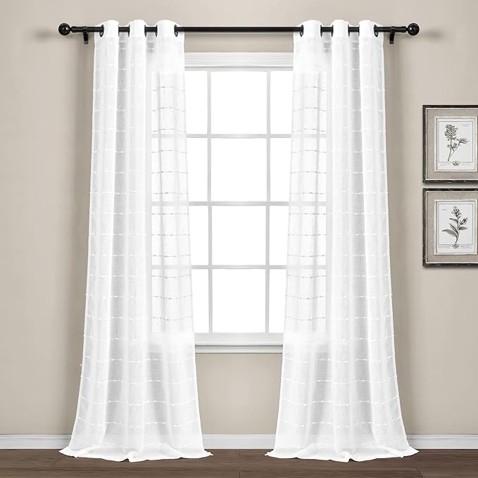 Lush Decor Farmhouse Textured Grommet Sheer Window Curtain Panel Pair, 38"W x 108"L, Bleach White