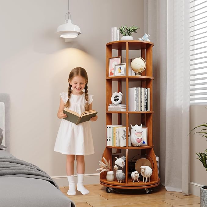 4 Tier Rotating Bookshelf with Brake Wheels, 360° Spinning Bookcase, Vertical Floor Standing Revolving Bookshelf Organizer for Small Spaces, Corner, Living Room, Bedroom, Rustic Brown