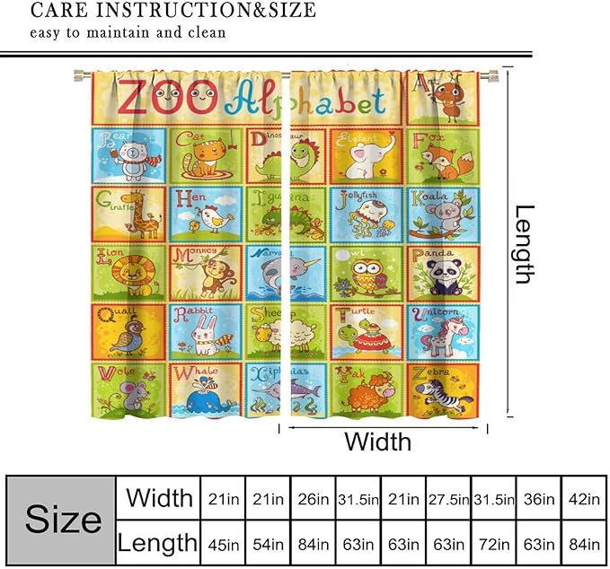 Alphabet Curtains Kids Educational Learning Tool Baby Cartoon Animals Colorful Curtain with Rod Pocket for Bedroom Living Room Decor Drapes Window Treatments 2 Panels Set 42" W X 45" L