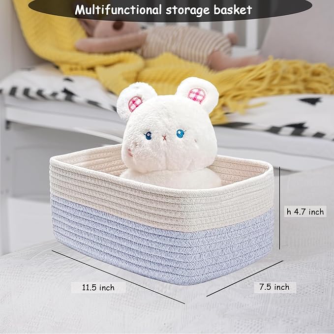 COMFY-HOMI 11.5"x7.5"x4.7" Storage Baskets for Organizing | Cotton Rope Woven Basket | Toy Storage Bin Box | Basket for Shelves, Closet Organizer Bin, Decorative Closet Shelf, 3 Pack, white/bule