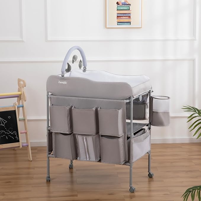 Baby Changing Table, Versatile Portable Folding Changing Table, Waterproof Diaper Changing Station with Waste Basket, Adjustable Height with 2 Drawers, Baby Changing Station for Infant and Newborn
