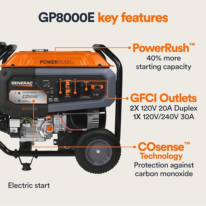 Generac 10,000 Starting Watt Portable Gas Generator - Electric Start - Home Backup or RV Ready - Heavy Duty Frame - Quiet, Long Runtime, Emergency Power - 49-State Compliant