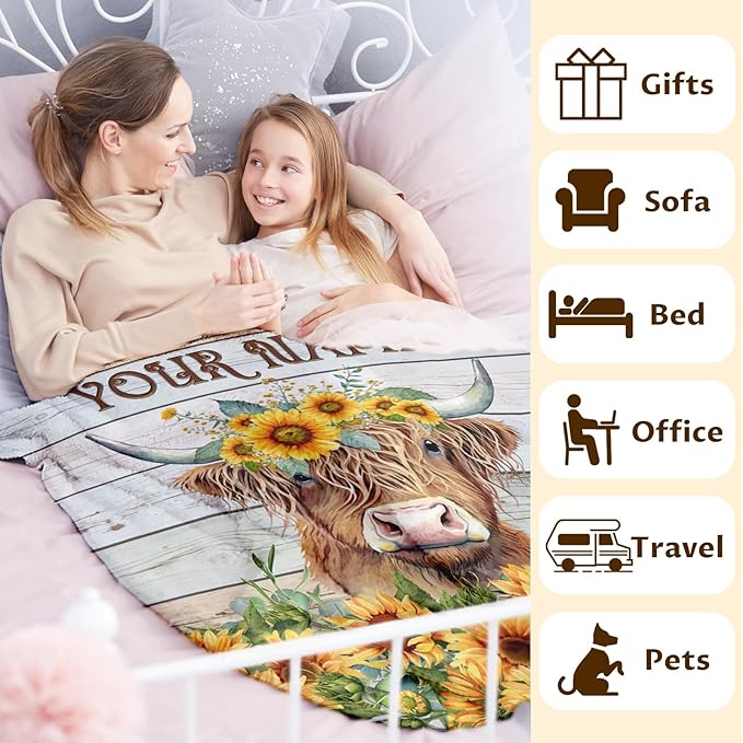 Custom Throw Blanket for Women - Cute Highland Cow Blanket Gift for Mom Daughter Grandma Nana - 80x60 Inches Personalized Aesthetic Sunflower Throws with Name for Bed Couch Sofa