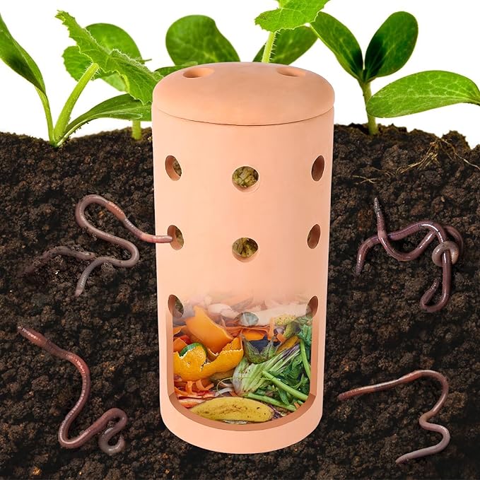Underground Worm Farm Clay 10Inch Garden Composting bin Ceramics Outdoor Gardening from Kitchen Food Waste with Holes Systems Sustainable Worm Composter for Raised Garden Beds at Home