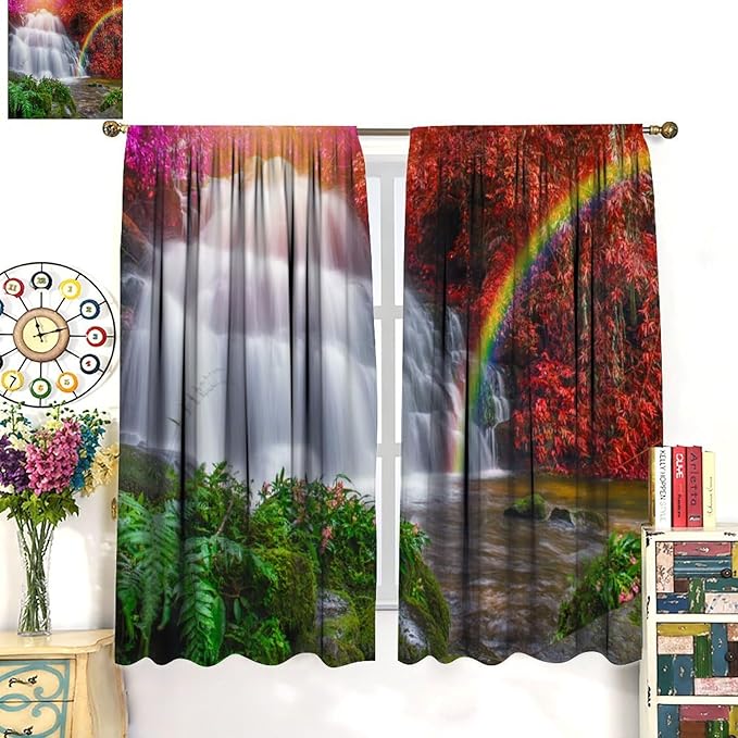 Waterfall Blackout Curtains, Nature Landscape Forest Mountain Waterfall Scenery Scene Print Pattern Window Drapes, for Bedroom Living Room 63" W X 72" L