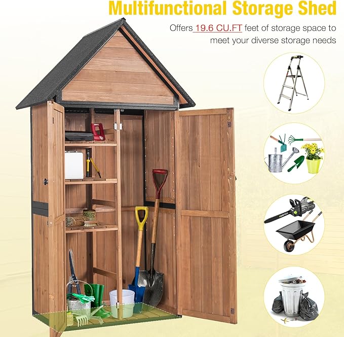 Outdoor Storage Shed,Vertical Wooden Tool Shed with Waterproof Roof,Adjustable 3 Tiers Shelves,Storage Tool Cabinet Box with Metal Frame Sloped Roof for Backyard Garden Patio Lawn (Brown)