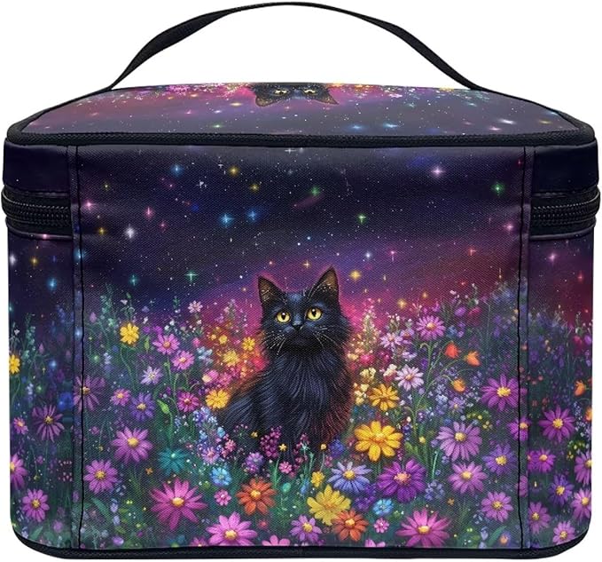 Black Cat Colorful Daisy Flower Print Travel Makeup Bags for Women Portable Tote Cosmetic Case with Carry Handle Toiletry Accessories Storage Organizer Bags