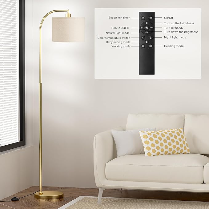 Ambimall Arc Floor Lamp with Remote and Stepless Dimmable Bulb, Colors